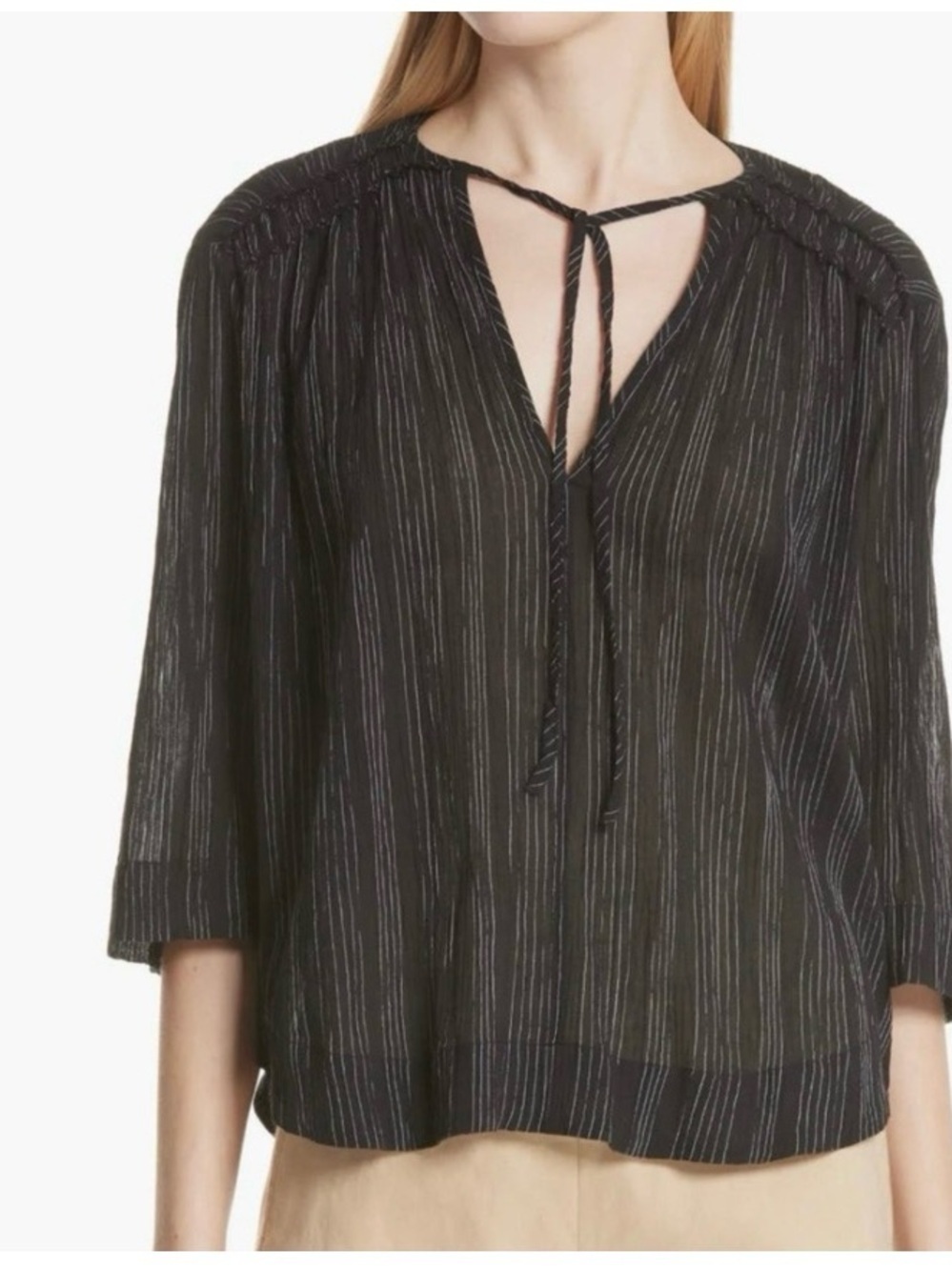 VINCE Variegated Stripe Crinkle Cotton Top black white SZ SM 100% cotton blouse